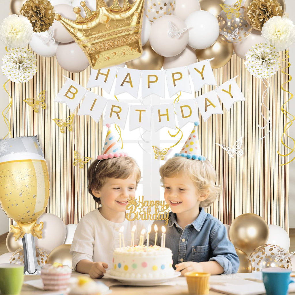 Ouddy Life 105-Piece Gold and White Birthday Party Decorations Kit with Foil Balloons, Fringe Curtains, and More