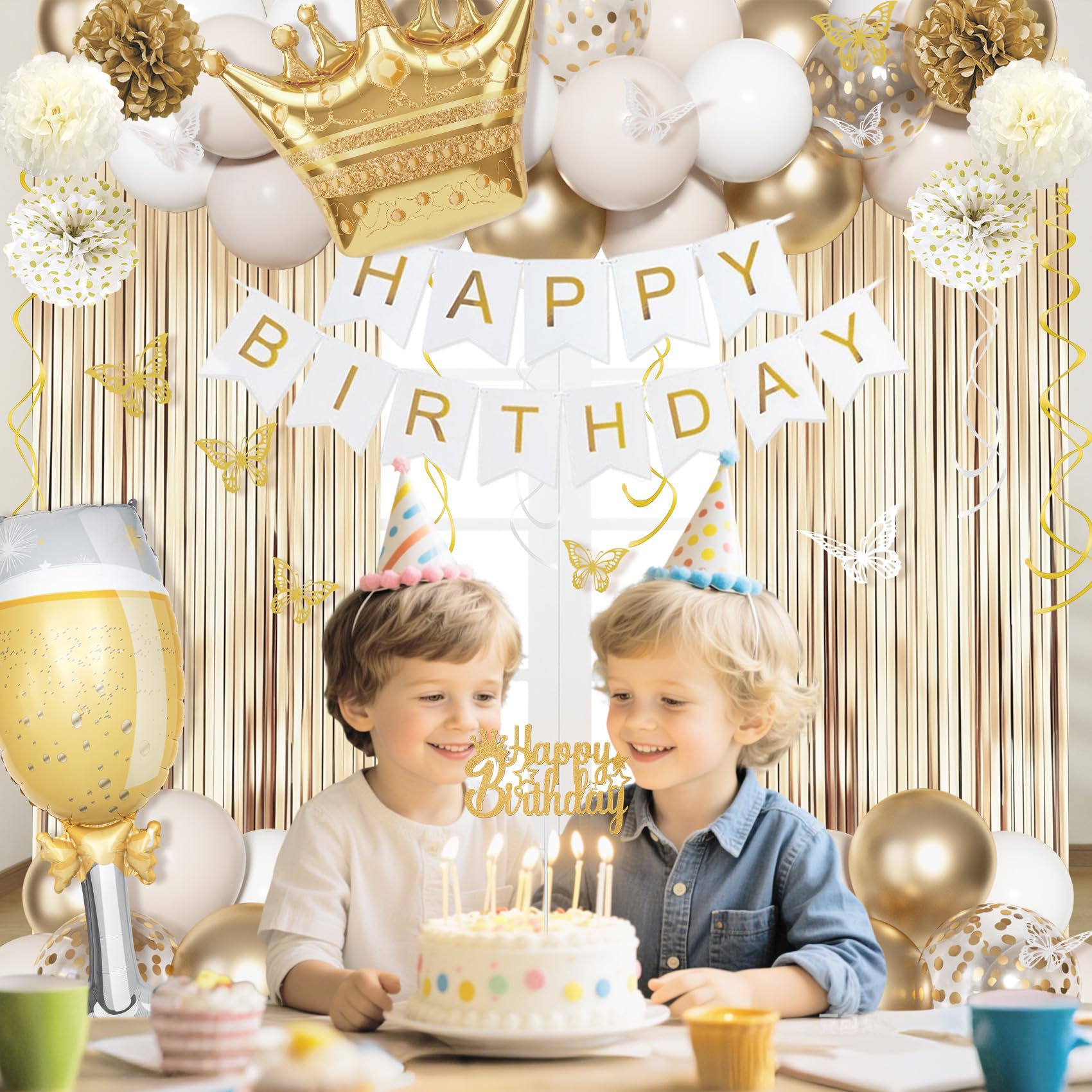 Ouddy Life 105-Piece Gold and White Birthday Party Decorations Kit with Foil Balloons, Fringe Curtains, and More