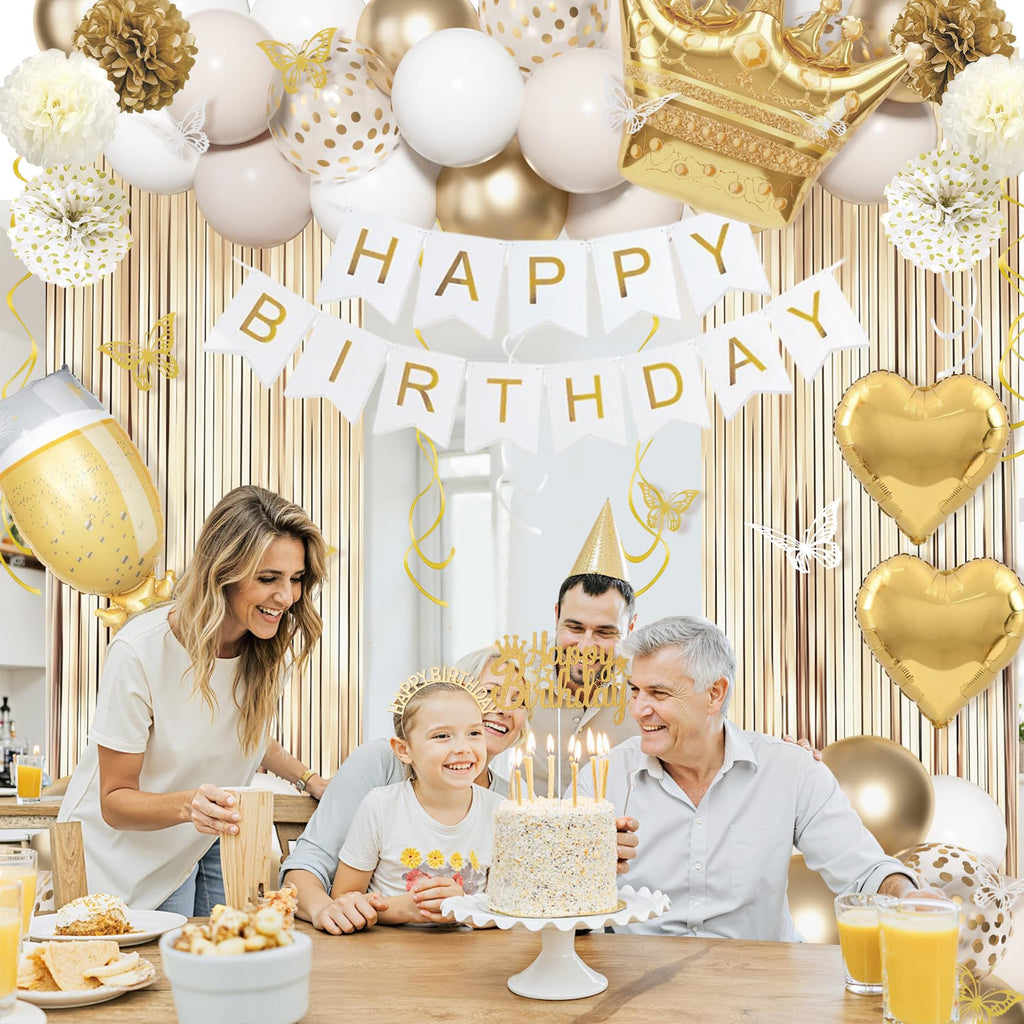 Ouddy Life 105-Piece Gold and White Birthday Party Decorations Kit with Foil Balloons, Fringe Curtains, and More
