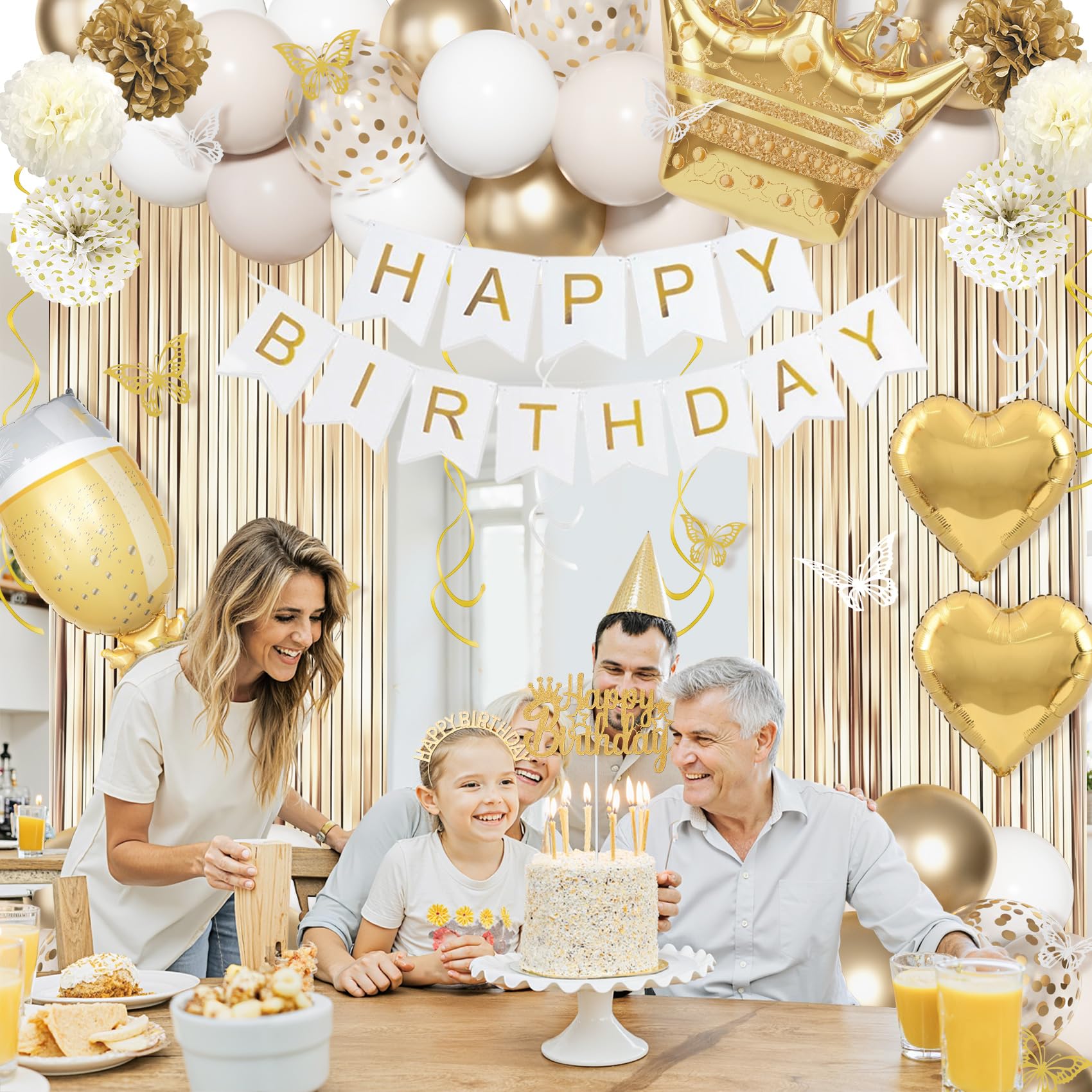 Ouddy Life 105-Piece Gold and White Birthday Party Decorations Kit with Foil Balloons, Fringe Curtains, and More