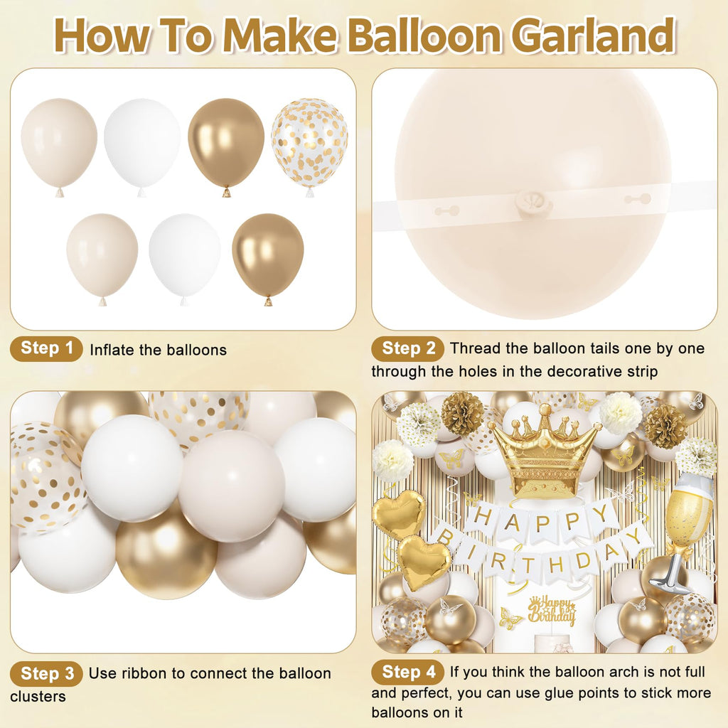 Ouddy Life 105-Piece Gold and White Birthday Party Decorations Kit with Foil Balloons, Fringe Curtains, and More