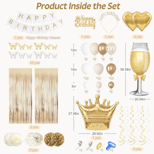 Ouddy Life 105-Piece Gold and White Birthday Party Decorations Kit with Foil Balloons, Fringe Curtains, and More
