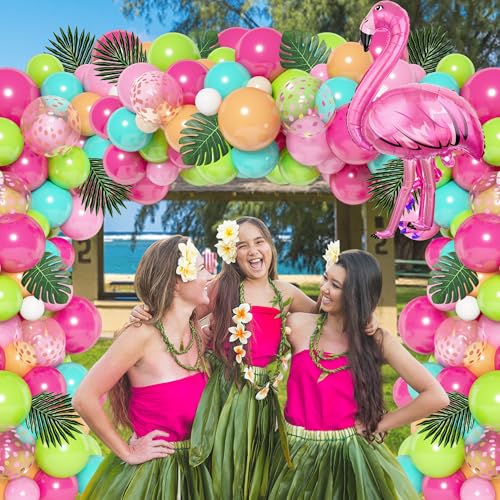 Ouddy Life 124-Piece Tropical Balloon Arch Kit - Green, Hot Pink, Rose Gold Confetti Balloons for Hawaiian Luau Birthday Party Decorations