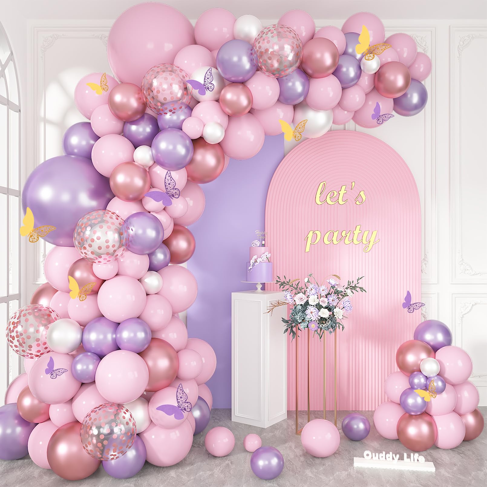 Ouddy Life 143-Piece Pink and Purple Butterfly Balloon Garland Arch Kit for Baby Shower and Birthday Party Decorations