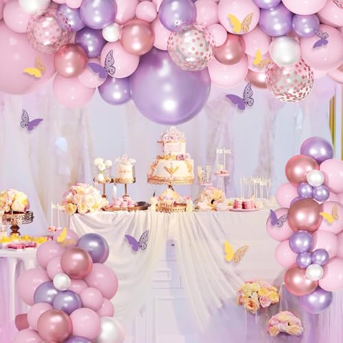 Ouddy Life 143-Piece Pink and Purple Butterfly Balloon Garland Arch Kit for Baby Shower and Birthday Party Decorations