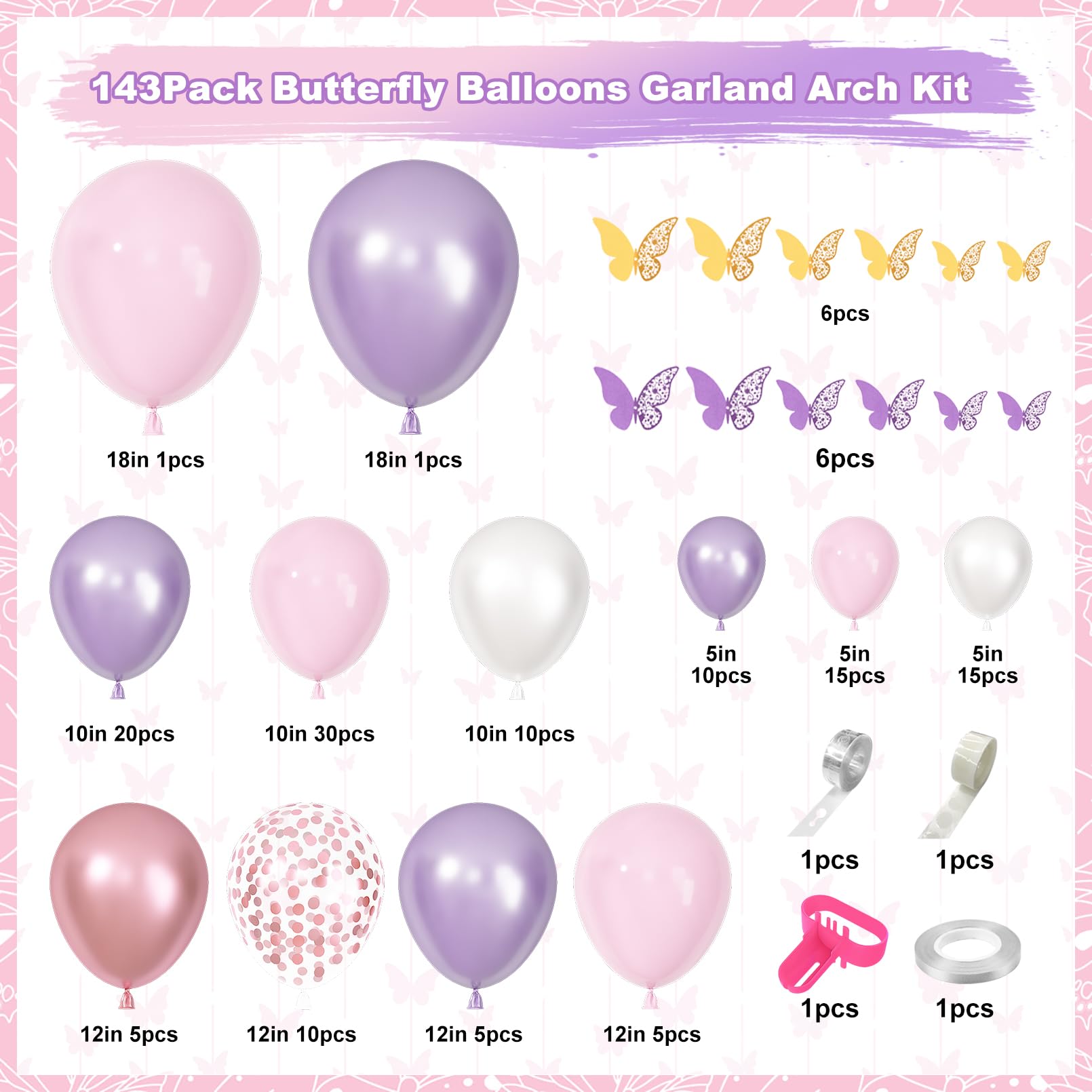 Ouddy Life 143-Piece Pink and Purple Butterfly Balloon Garland Arch Kit for Baby Shower and Birthday Party Decorations