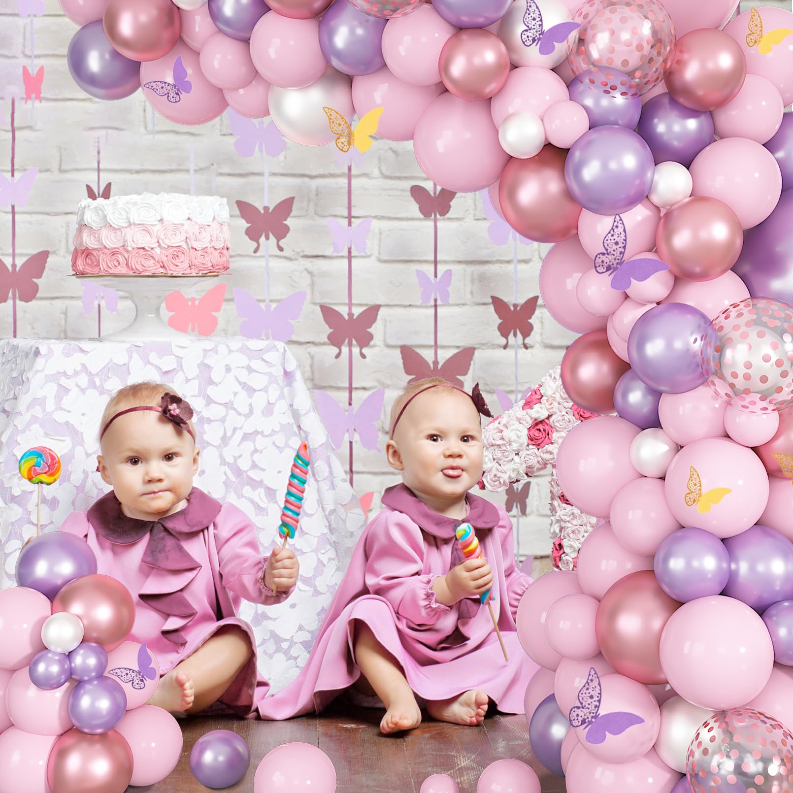 Ouddy Life 143-Piece Pink and Purple Butterfly Balloon Garland Arch Kit for Baby Shower and Birthday Party Decorations