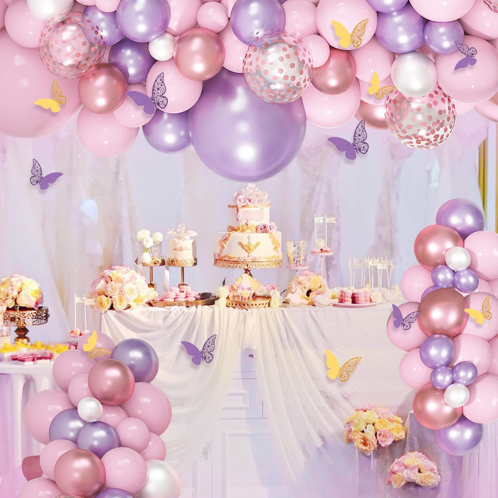 Ouddy Life 143-Piece Pink and Purple Butterfly Balloon Garland Arch Kit for Baby Shower and Birthday Party Decorations