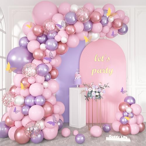 Ouddy Life 143-Piece Pink and Purple Butterfly Balloon Garland Arch Kit for Baby Shower and Birthday Party Decorations