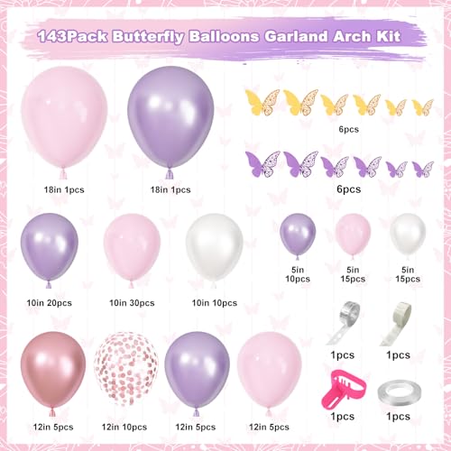 Ouddy Life 143-Piece Pink and Purple Butterfly Balloon Garland Arch Kit for Baby Shower and Birthday Party Decorations