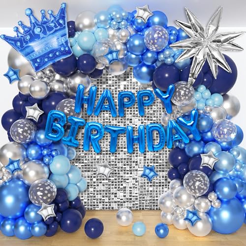 Ouddy Life 164-Piece Blue & Silver Balloon Kit for Men's Birthday – Navy Blue, Star Foil, and Fringe Decor for 21st 25th 30th 50th Parties