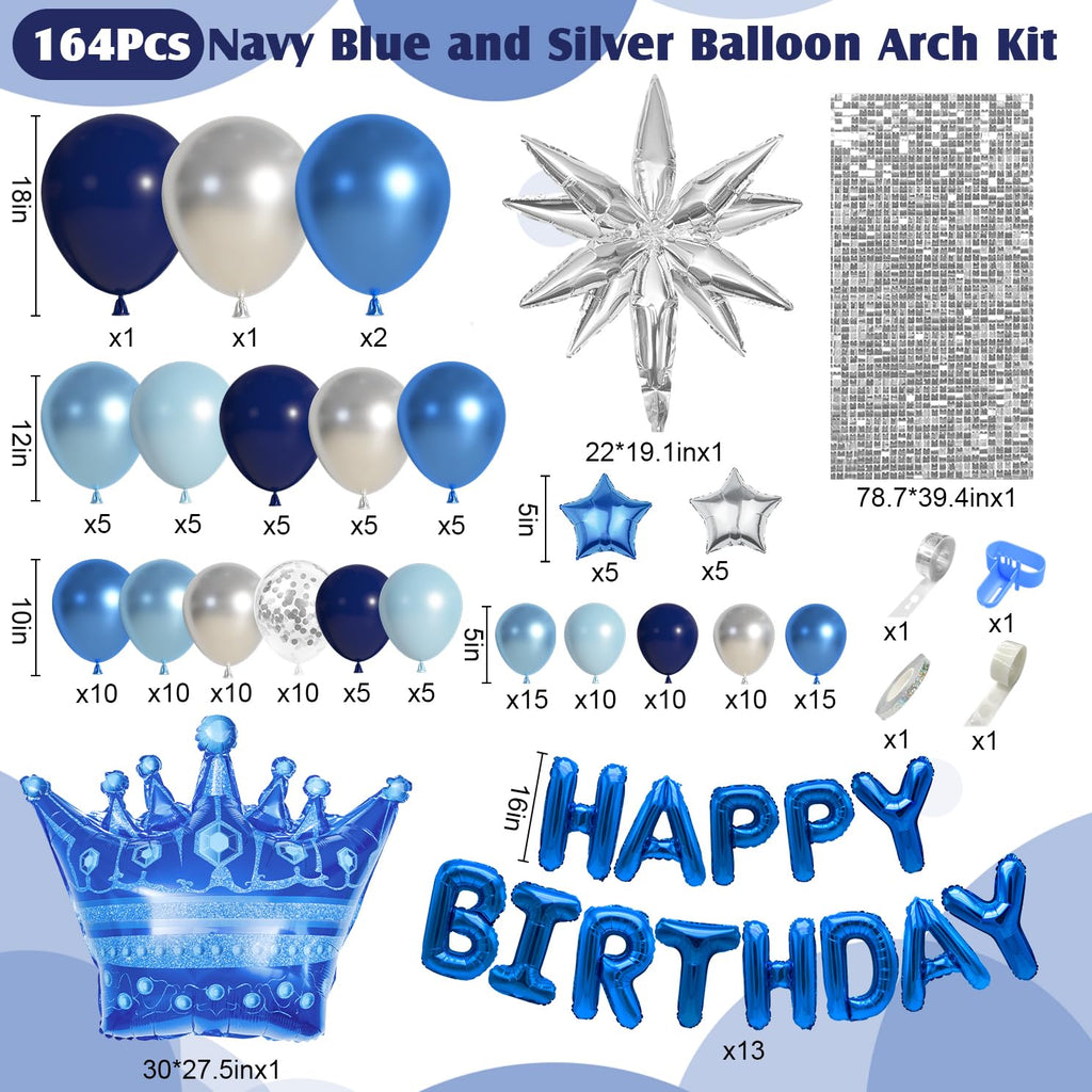 Ouddy Life 164-Piece Blue & Silver Balloon Kit for Men's Birthday – Navy Blue, Star Foil, and Fringe Decor for 21st 25th 30th 50th Parties