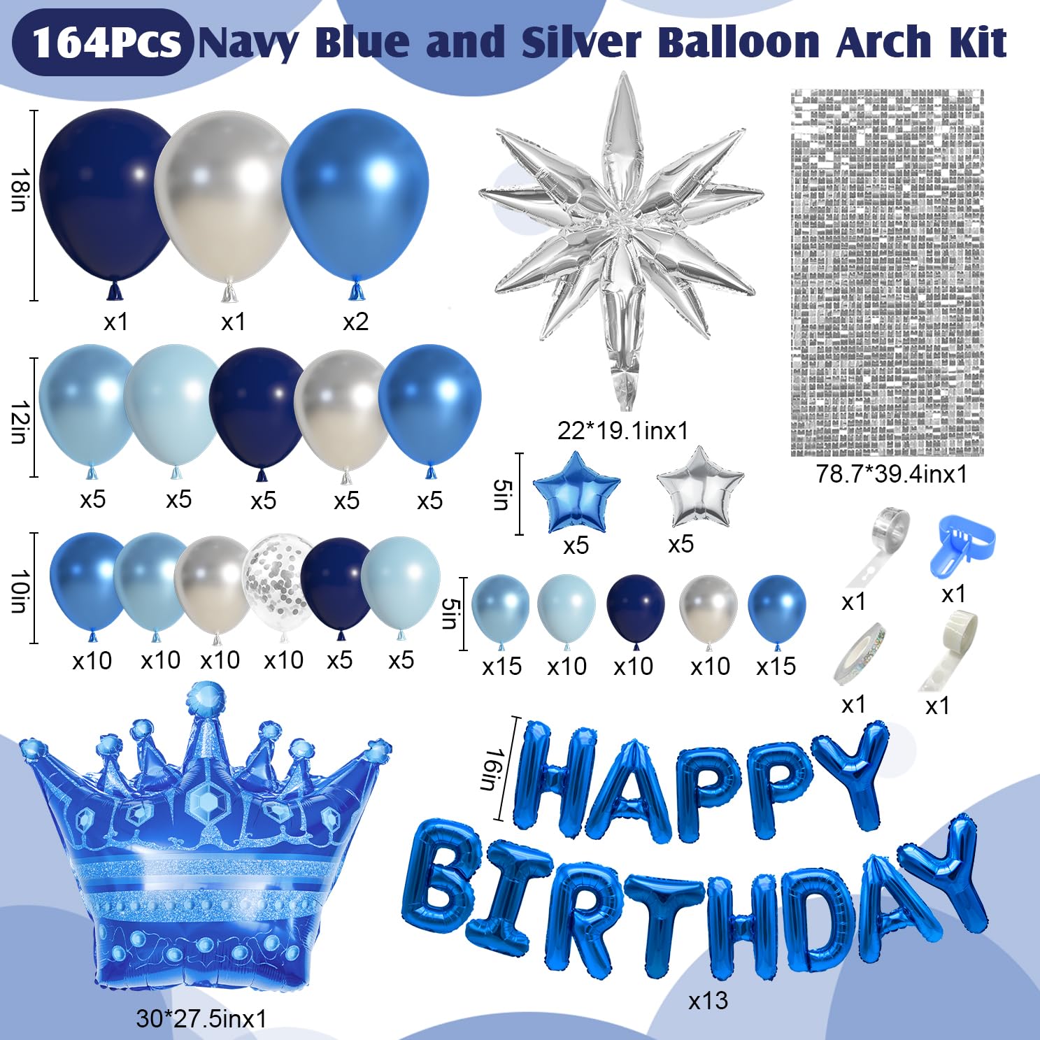 Ouddy Life 164-Piece Blue & Silver Balloon Kit for Men's Birthday – Navy Blue, Star Foil, and Fringe Decor for 21st 25th 30th 50th Parties