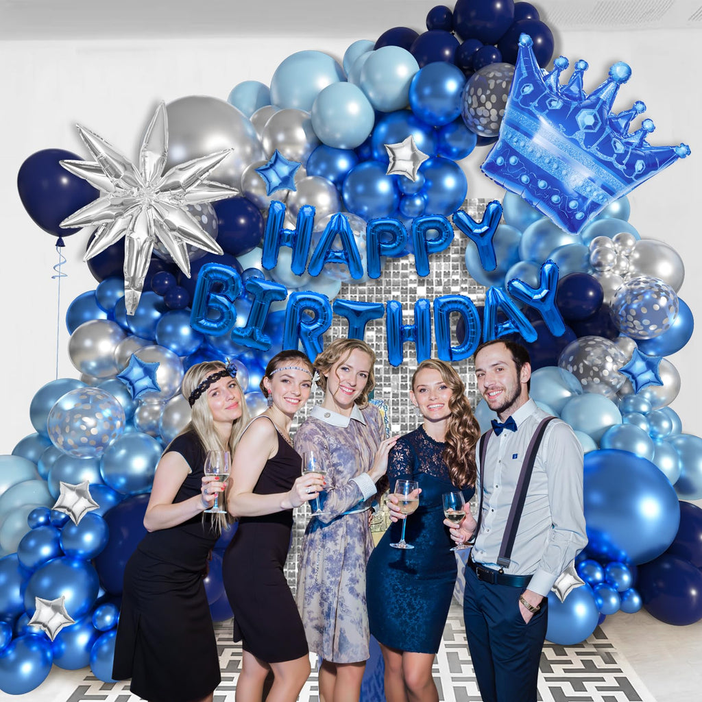Ouddy Life 164-Piece Blue & Silver Balloon Kit for Men's Birthday – Navy Blue, Star Foil, and Fringe Decor for 21st 25th 30th 50th Parties