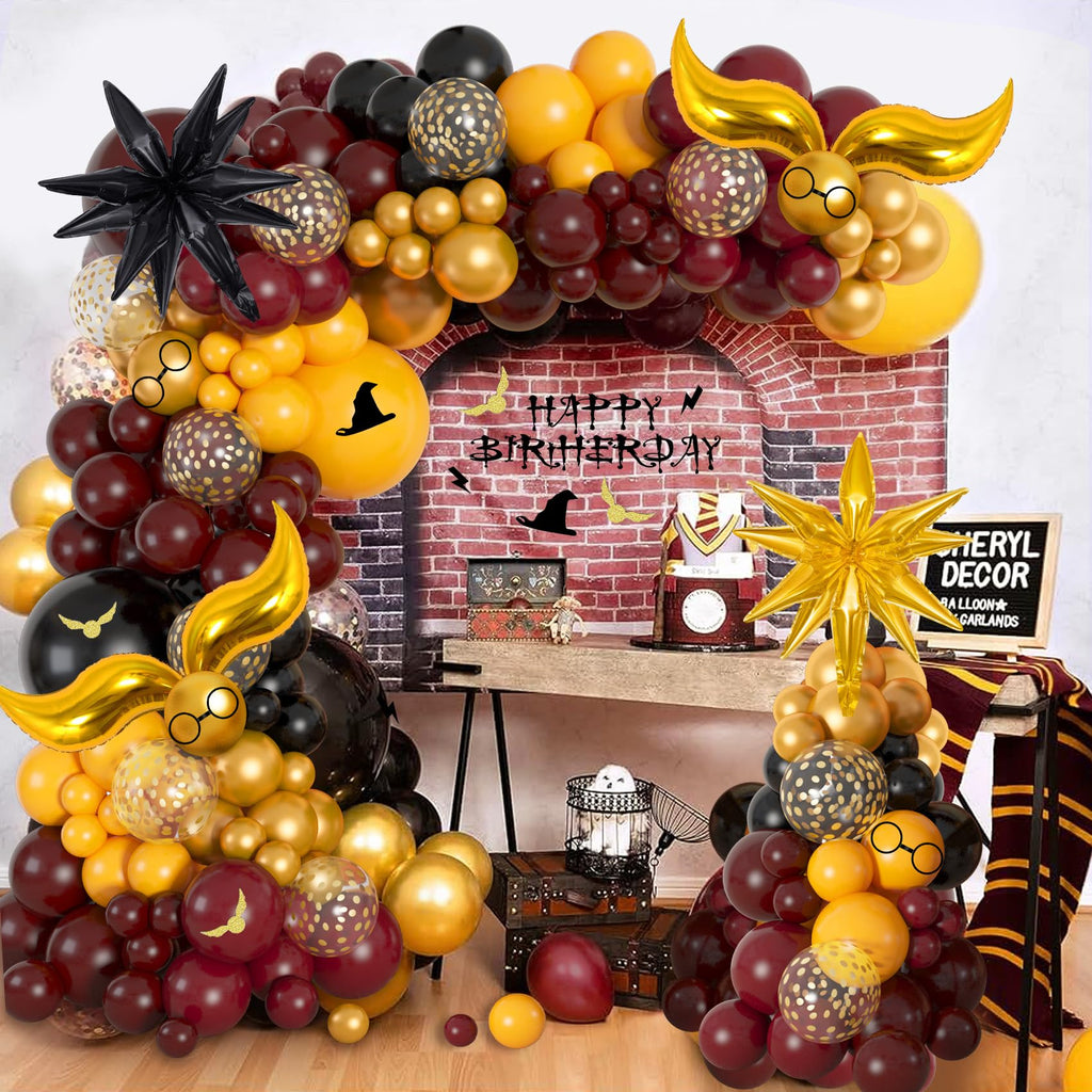 Ouddy Life 172-Piece Magical Wizard School Balloon Arch Kit - Burgundy, Black & Gold