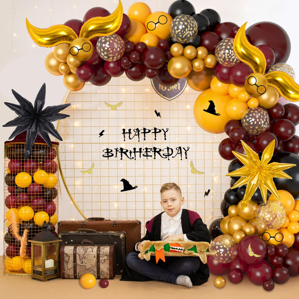Ouddy Life 172-Piece Magical Wizard School Balloon Arch Kit - Burgundy, Black & Gold