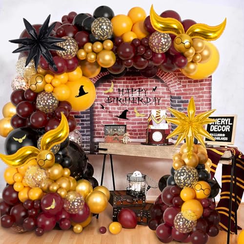 Ouddy Life 172-Piece Magical Wizard School Balloon Arch Kit - Burgundy, Black & Gold