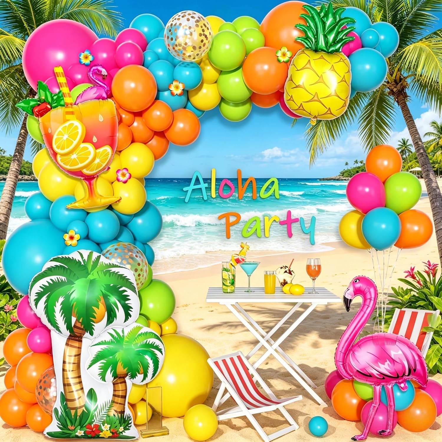 Ouddy Life 189-Piece Tropical Balloon Arch Garland Kit - Hawaiian Luau Summer Party Decor with Flamingo, Pineapple & Coconut Tree Balloons