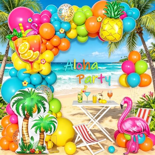 Ouddy Life 189-Piece Tropical Balloon Arch Garland Kit - Hawaiian Luau Summer Party Decor with Flamingo, Pineapple & Coconut Tree Balloons