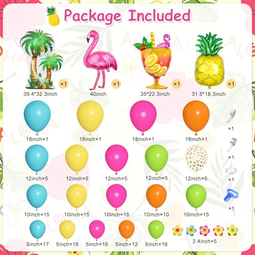 Ouddy Life 189-Piece Tropical Balloon Arch Garland Kit - Hawaiian Luau Summer Party Decor with Flamingo, Pineapple & Coconut Tree Balloons