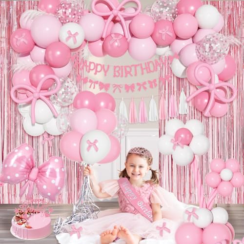 Ouddy Life Pink Bow Birthday Decoration Set – 121 Pieces Coquette Party Supplies with Balloons, Banner, Cake Toppers