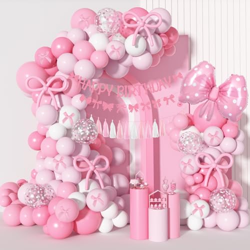 Ouddy Life Pink Bow Birthday Decoration Set – 121 Pieces Coquette Party Supplies with Balloons, Banner, Cake Toppers
