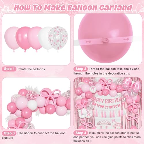 Ouddy Life Pink Bow Birthday Decoration Set – 121 Pieces Coquette Party Supplies with Balloons, Banner, Cake Toppers