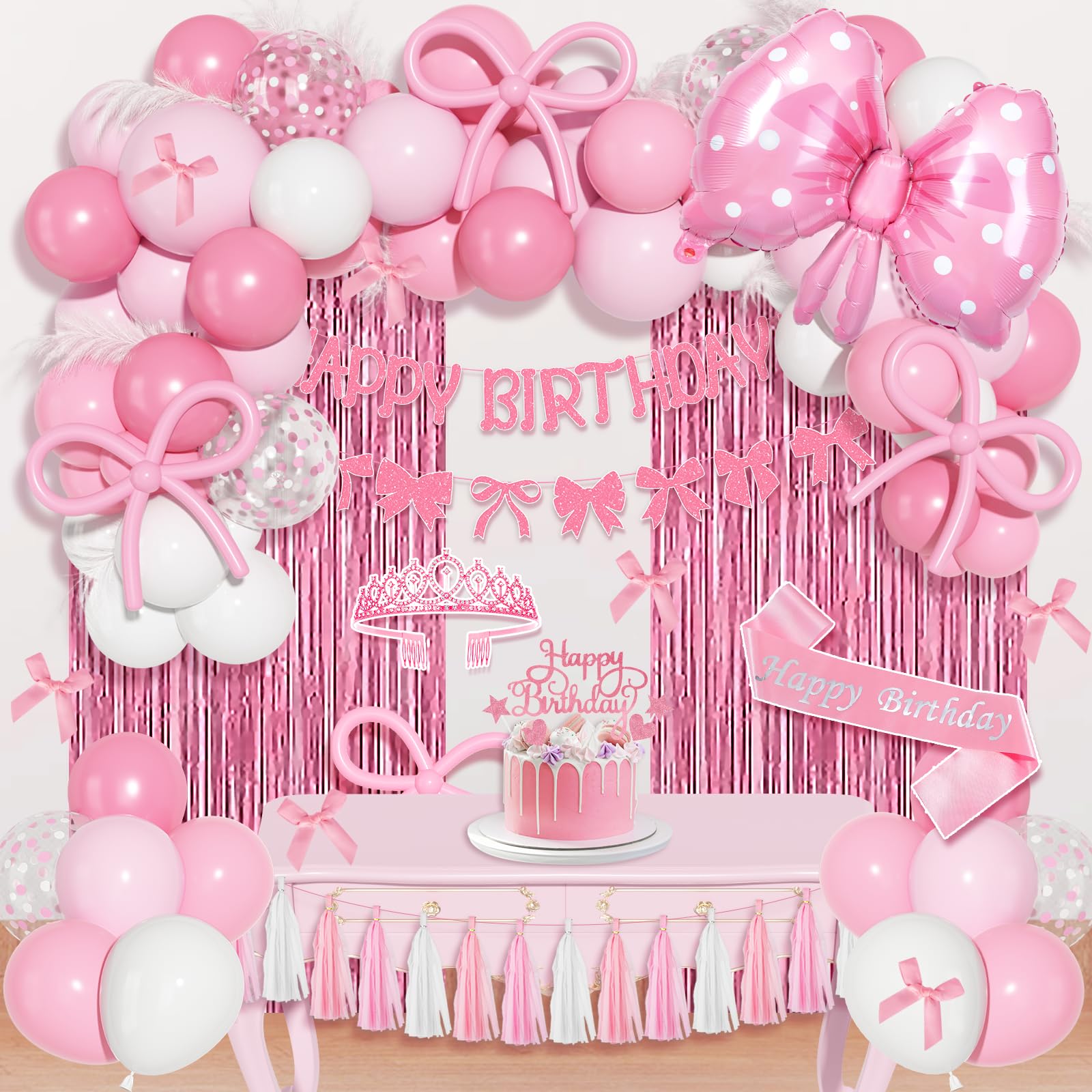 Ouddy Life Pink Bow Birthday Decoration Set – 121 Pieces Coquette Party Supplies with Balloons, Banner, Cake Toppers