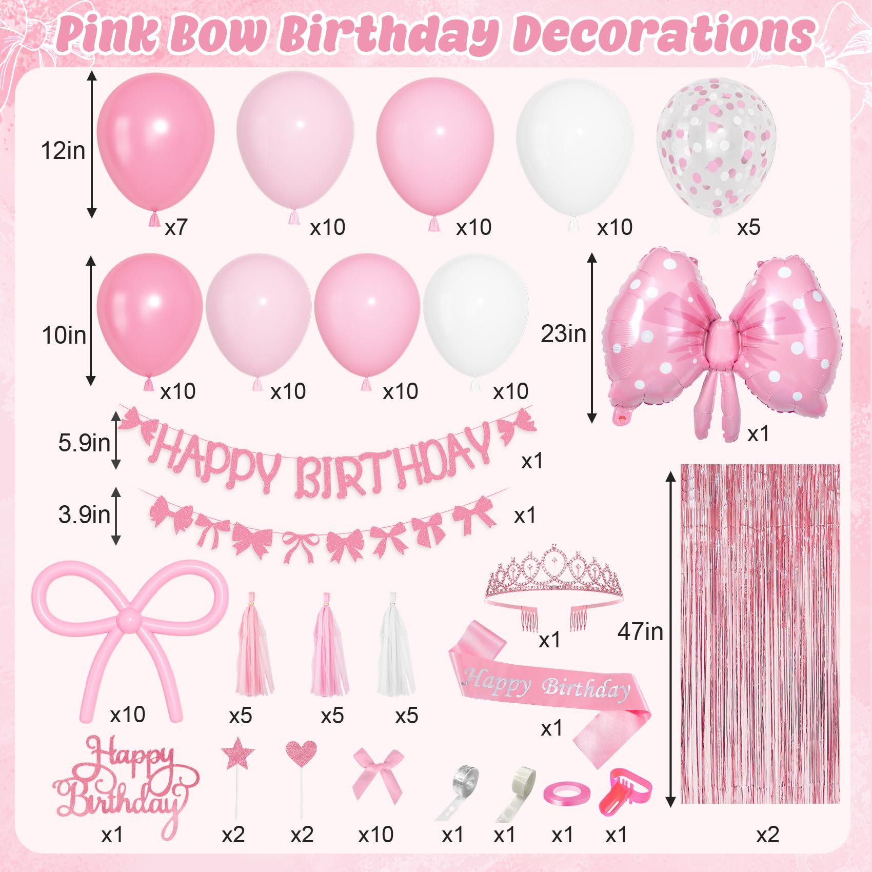 Ouddy Life Pink Bow Birthday Decoration Set – 121 Pieces Coquette Party Supplies with Balloons, Banner, Cake Toppers