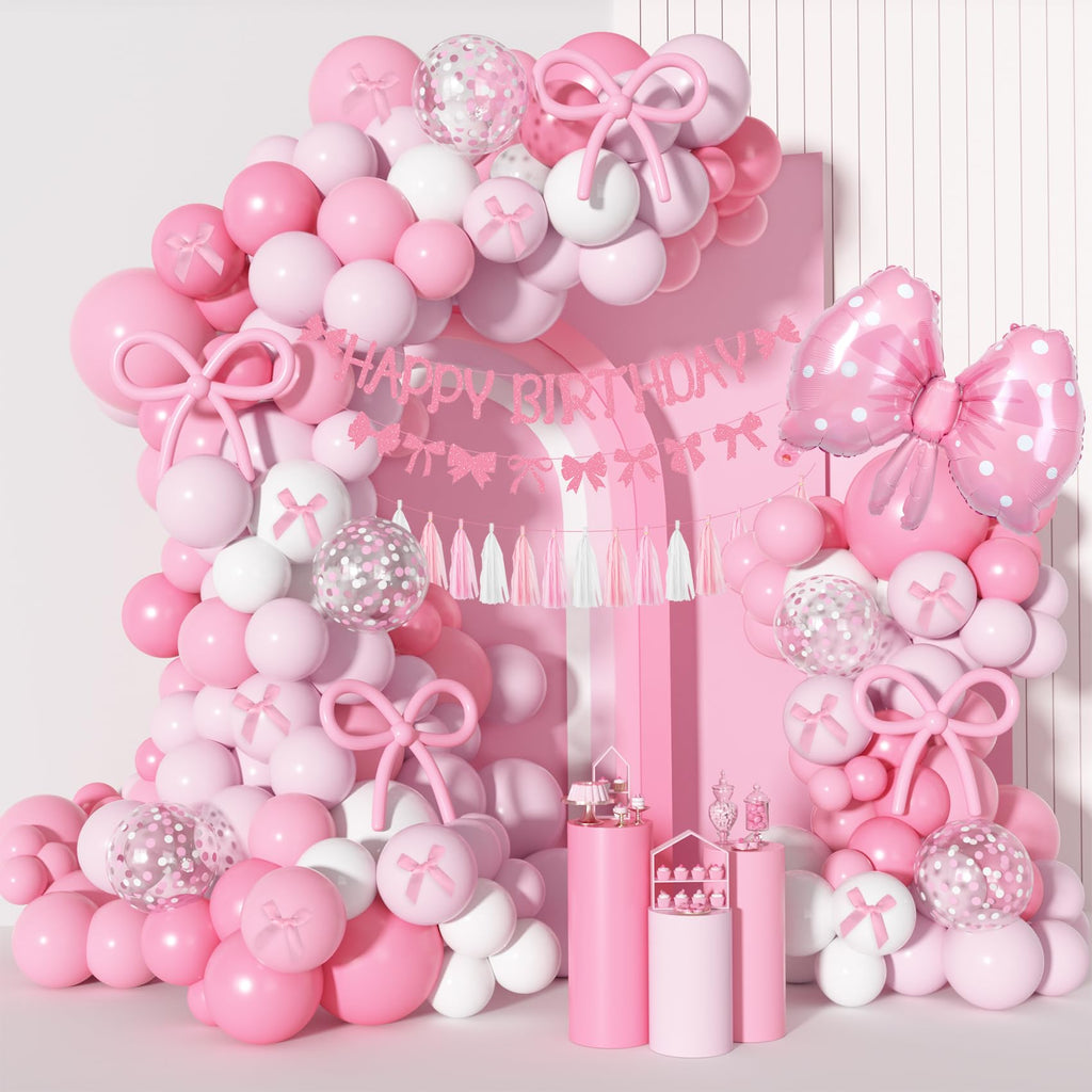 Ouddy Life Pink Bow Birthday Decoration Set – 121 Pieces Coquette Party Supplies with Balloons, Banner, Cake Toppers