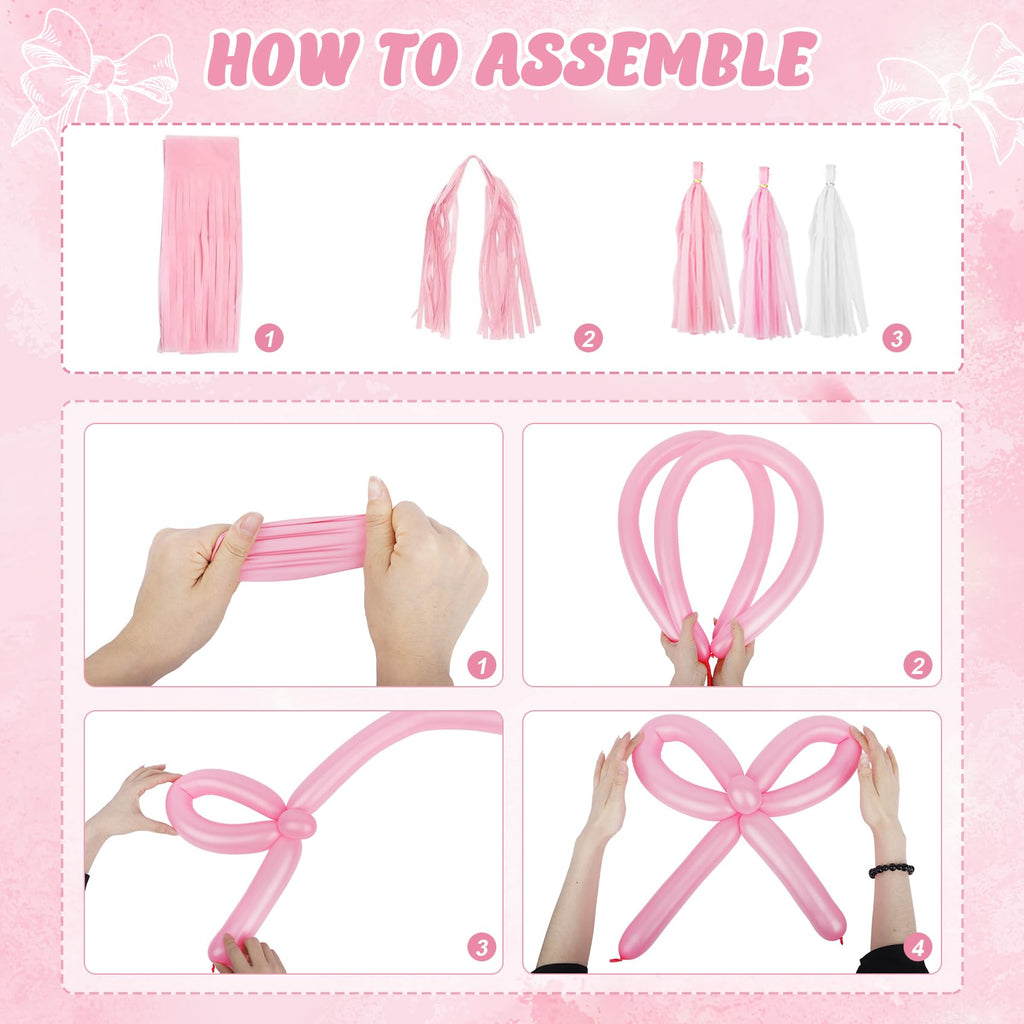 Ouddy Life Pink Bow Birthday Decoration Set – 121 Pieces Coquette Party Supplies with Balloons, Banner, Cake Toppers