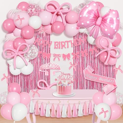 Ouddy Life Pink Bow Birthday Decoration Set – 121 Pieces Coquette Party Supplies with Balloons, Banner, Cake Toppers