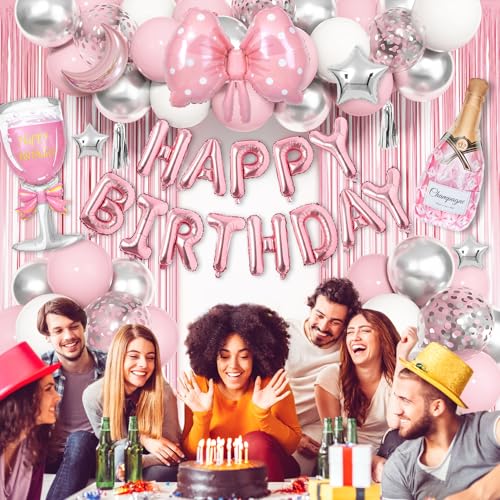 Ouddy Life Pink Happy Birthday Party Decorations – 96-Piece Set for Women & Girls