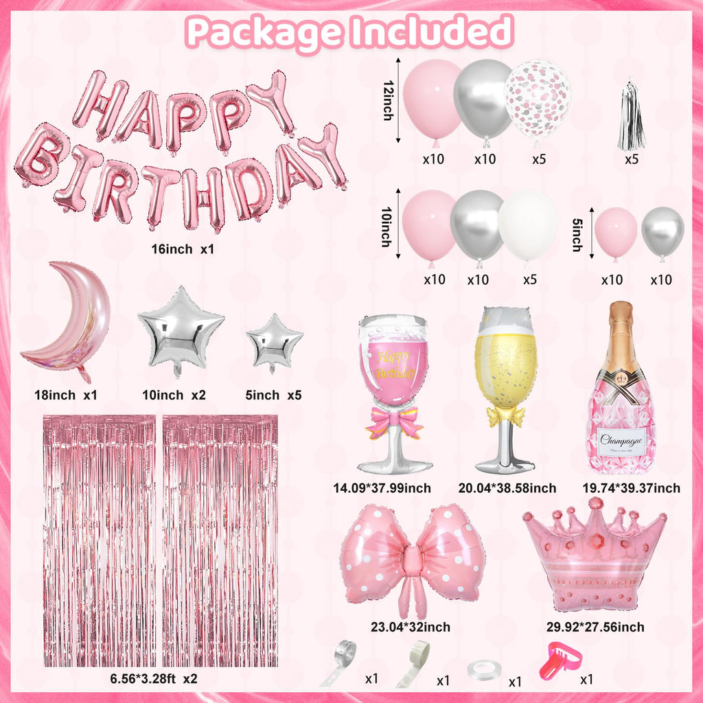 Ouddy Life Pink Happy Birthday Party Decorations – 96-Piece Set for Women & Girls