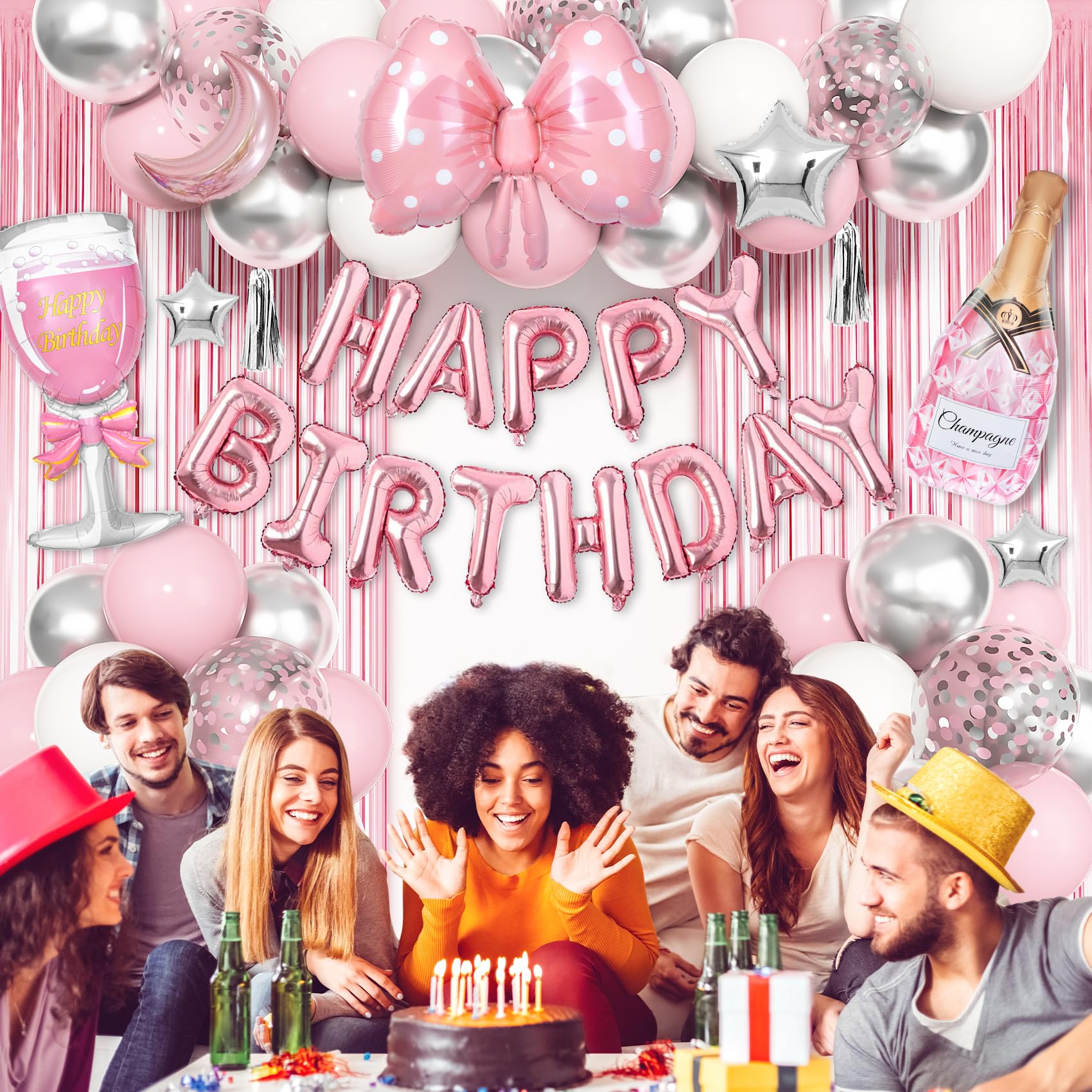 Ouddy Life Pink Happy Birthday Party Decorations – 96-Piece Set for Women & Girls