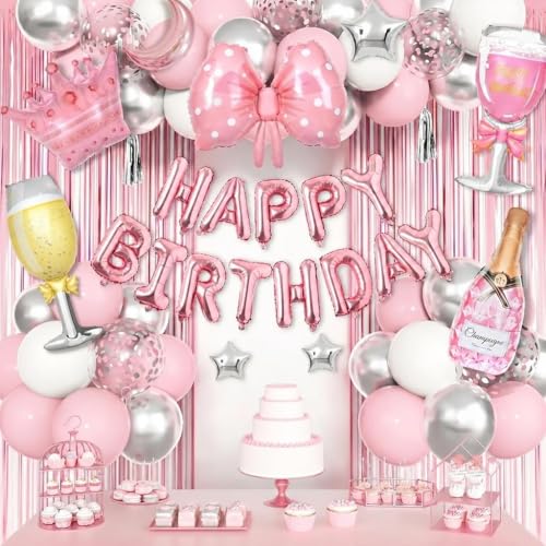 Ouddy Life Pink Happy Birthday Party Decorations – 96-Piece Set for Women & Girls
