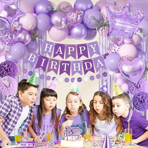 Ouddy Life Purple Pink Birthday Party Decorations Kit - Balloons, Fringe Curtain, Cake Topper for Women Girls