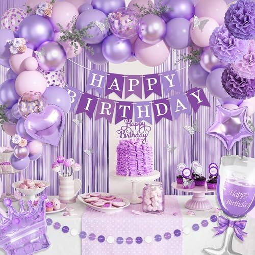 Ouddy Life Purple Pink Birthday Party Decorations Kit - Balloons, Fringe Curtain, Cake Topper for Women Girls