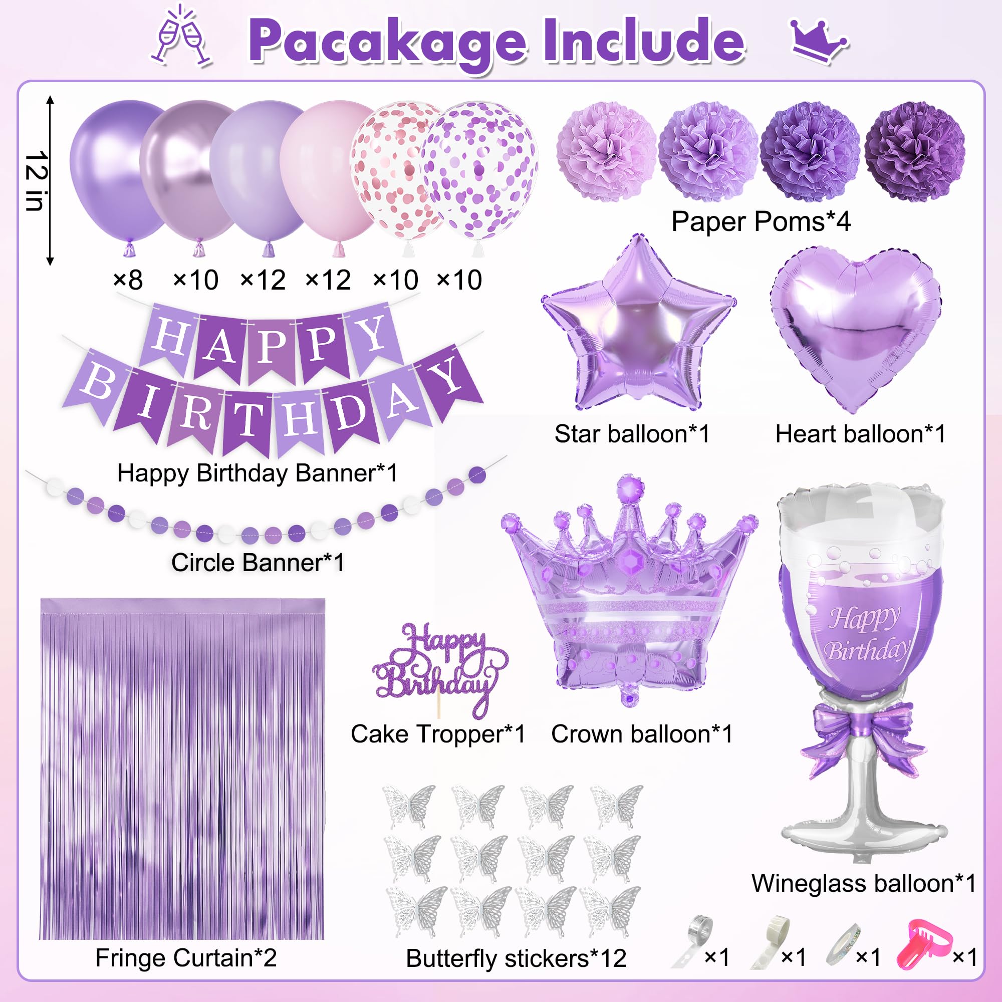 Ouddy Life Purple Pink Birthday Party Decorations Kit - Balloons, Fringe Curtain, Cake Topper for Women Girls