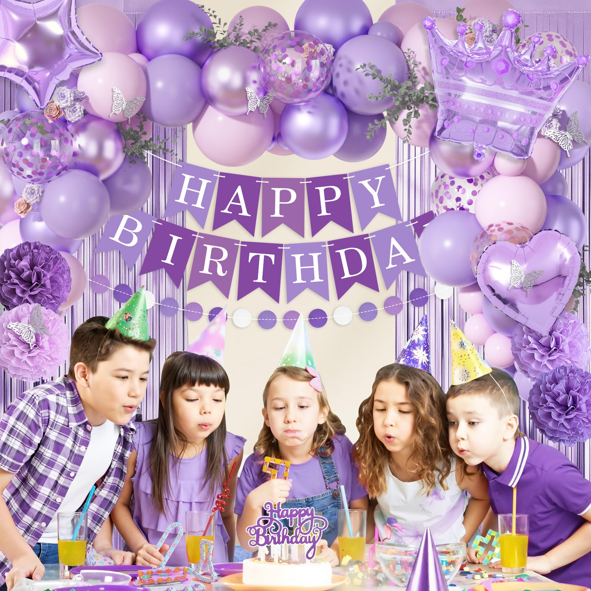 Ouddy Life Purple Pink Birthday Party Decorations Kit - Balloons, Fringe Curtain, Cake Topper for Women Girls