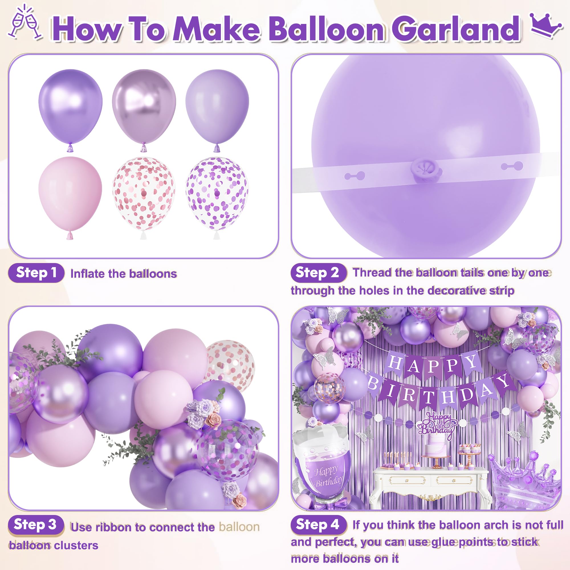 Ouddy Life Purple Pink Birthday Party Decorations Kit - Balloons, Fringe Curtain, Cake Topper for Women Girls