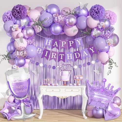 Ouddy Life Purple Pink Birthday Party Decorations Kit - Balloons, Fringe Curtain, Cake Topper for Women Girls