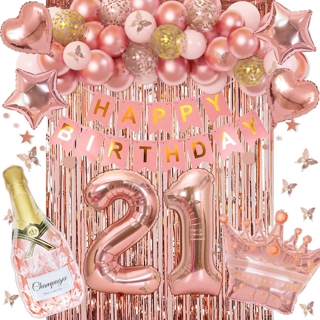 Ouddy Life Rose Gold 21st Birthday Decorations Kit - 78 Pieces with Butterfly Sticks and Balloons