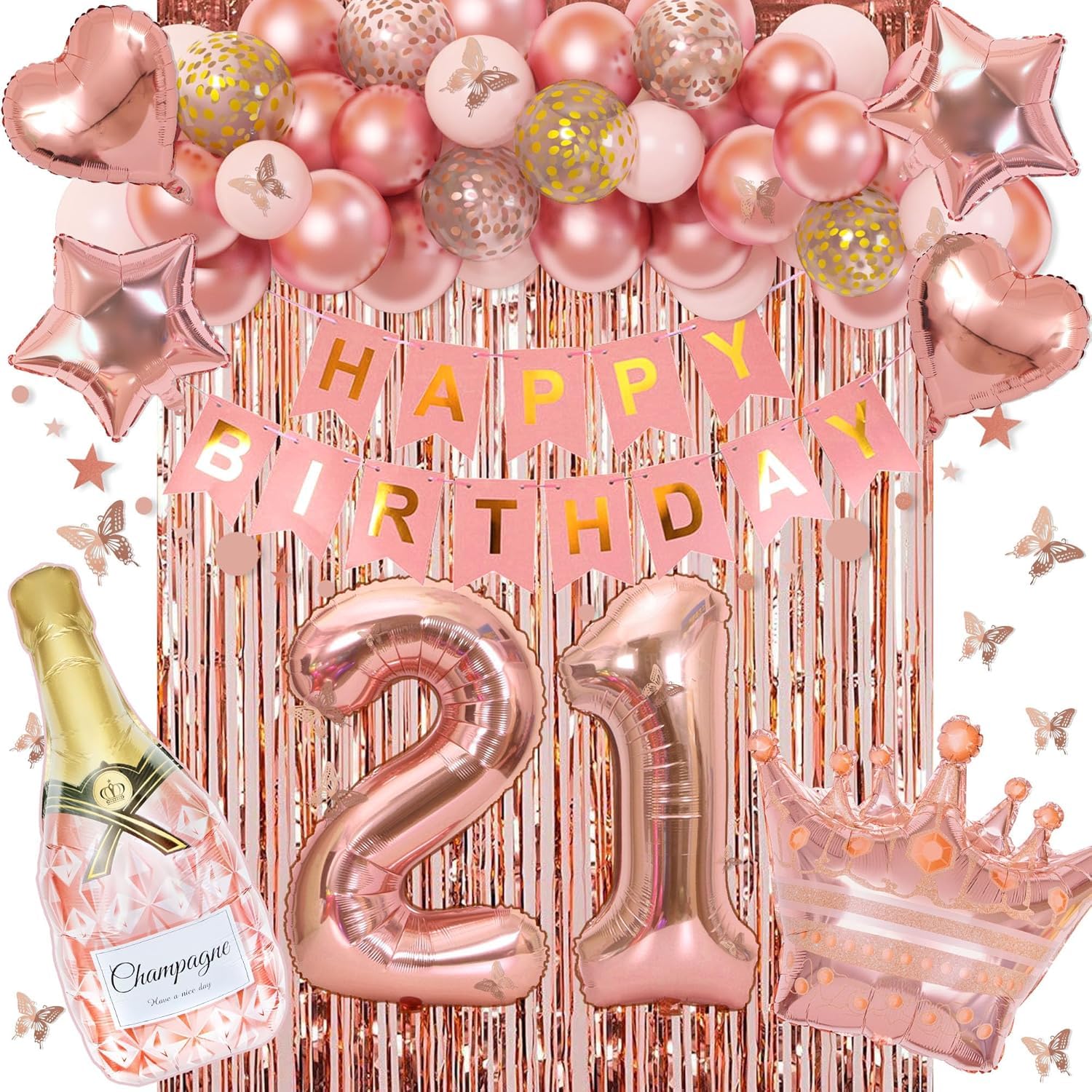 Ouddy Life Rose Gold 21st Birthday Decorations Kit - 78 Pieces with Butterfly Sticks and Balloons