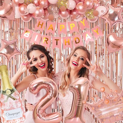 Ouddy Life Rose Gold 21st Birthday Decorations Kit - 78 Pieces with Butterfly Sticks and Balloons