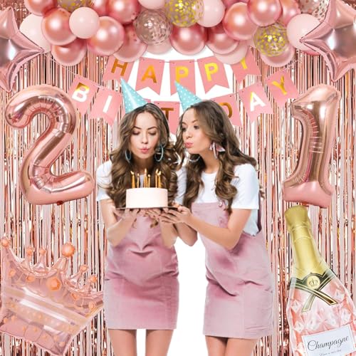 Ouddy Life Rose Gold 21st Birthday Decorations Kit - 78 Pieces with Butterfly Sticks and Balloons