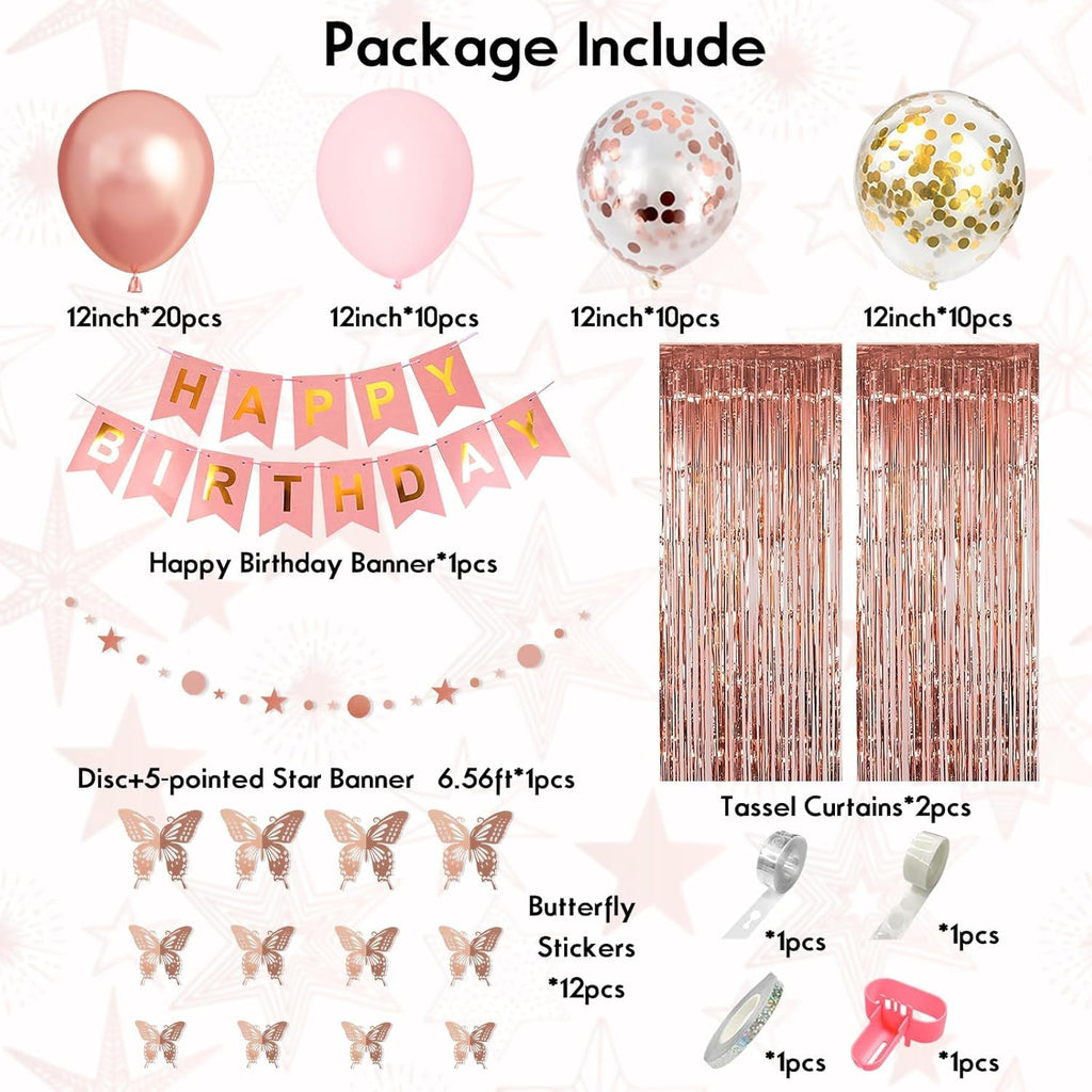 Ouddy Life Rose Gold 21st Birthday Decorations Kit - 78 Pieces with Butterfly Sticks and Balloons