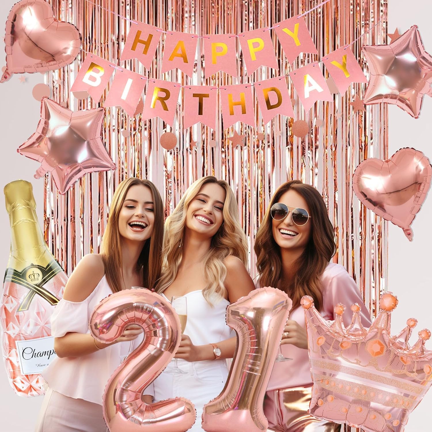 Ouddy Life Rose Gold 21st Birthday Decorations Kit - 78 Pieces with Butterfly Sticks and Balloons