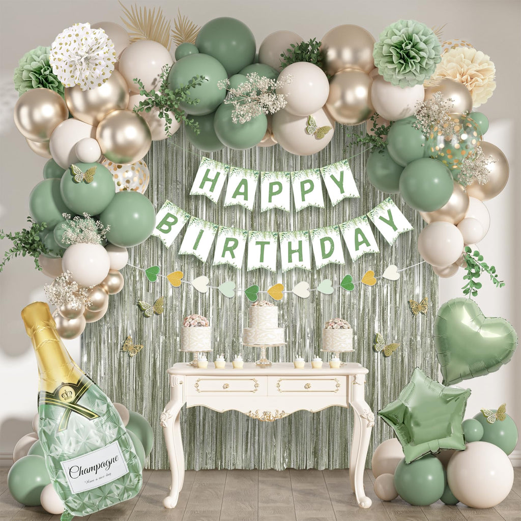 Ouddy Life Sage Green Birthday Decorations Kit – 91-Piece Green, White, Gold Party Supplies with Balloons, Banner, Cake Topper, Fringe Curtain