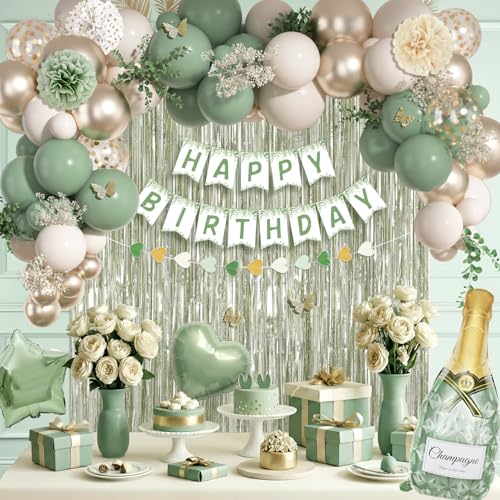 Ouddy Life Sage Green Birthday Decorations Kit – 91-Piece Green, White, Gold Party Supplies with Balloons, Banner, Cake Topper, Fringe Curtain